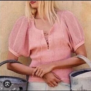 Free People FP One Hayden Thermal Rose Lace-Up Corset V-Neck Pink Puff Sleeve